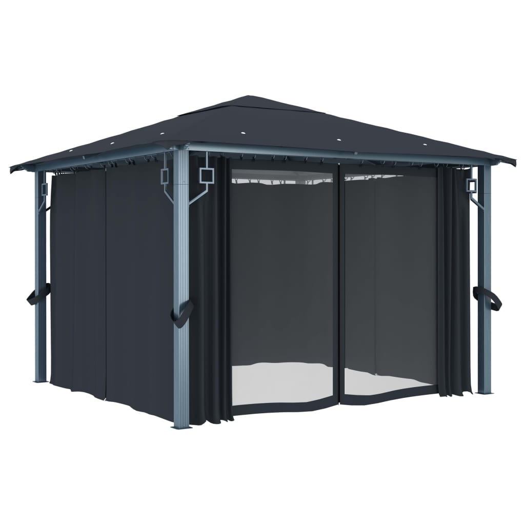 Gazebo con Tende e Luci LED 300x300 cm Antracite in Alluminio | homemem39