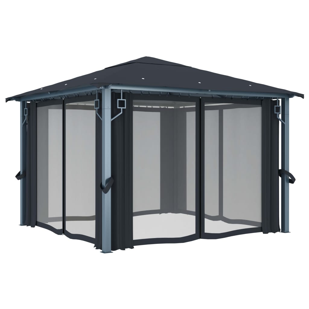 Gazebo con Tende e Luci LED 300x300 cm Antracite in Alluminio | homemem39