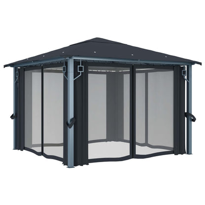 Gazebo con Tende e Luci LED 300x300 cm Antracite in Alluminio | homemem39