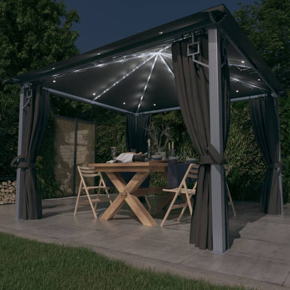 Gazebo con Tende e Luci LED 300x300 cm Antracite in Alluminio | homemem39