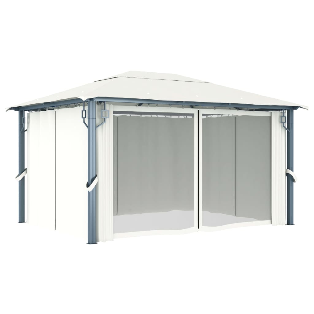 Gazebo con Tende Stringa di Luci LED 400x300 cm Crema Alluminio | homemem39