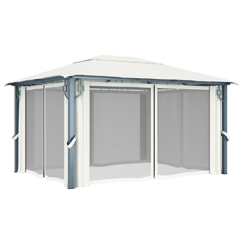Gazebo con Tende Stringa di Luci LED 400x300 cm Crema Alluminio | homemem39