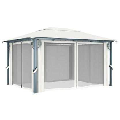 Gazebo con Tende Stringa di Luci LED 400x300 cm Crema Alluminio | homemem39