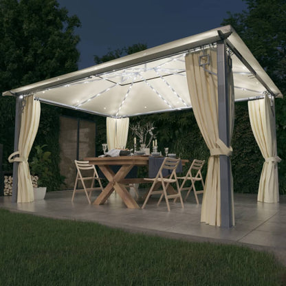 Gazebo con Tende Stringa di Luci LED 400x300 cm Crema Alluminio | homemem39