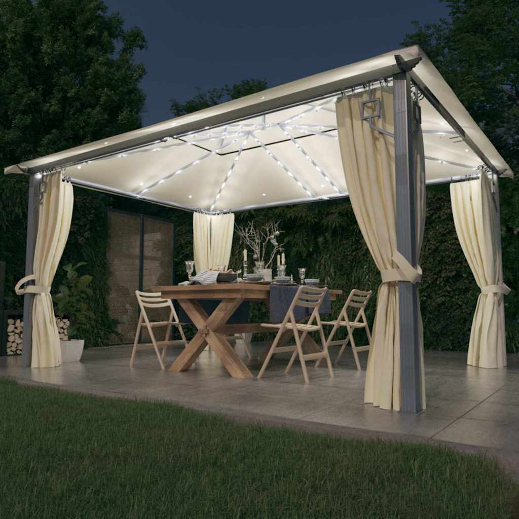 Gazebo con Tende Stringa di Luci LED 400x300 cm Crema Alluminio