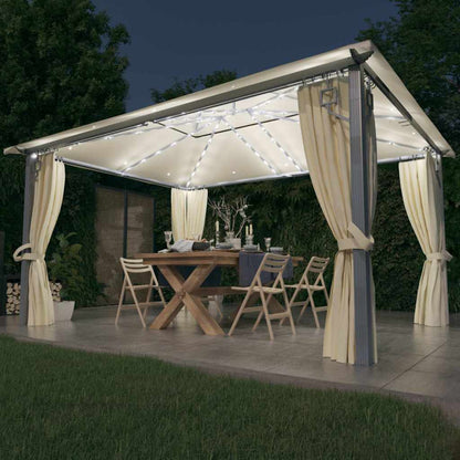 Gazebo con Tende Stringa di Luci LED 400x300 cm Crema Alluminio