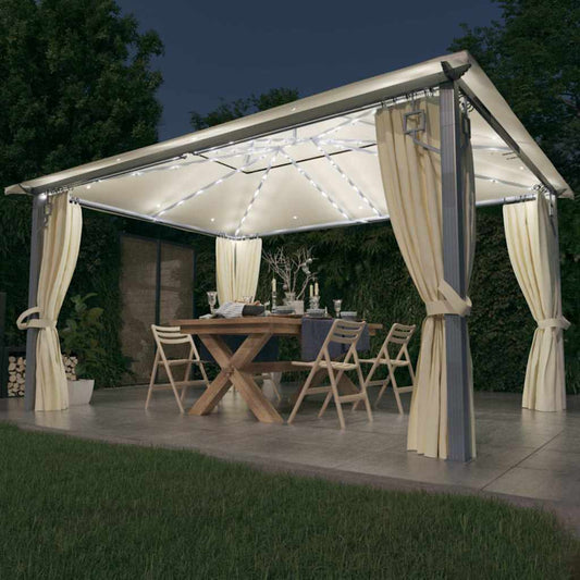 Gazebo con Tende Stringa di Luci LED 400x300 cm Crema Alluminio