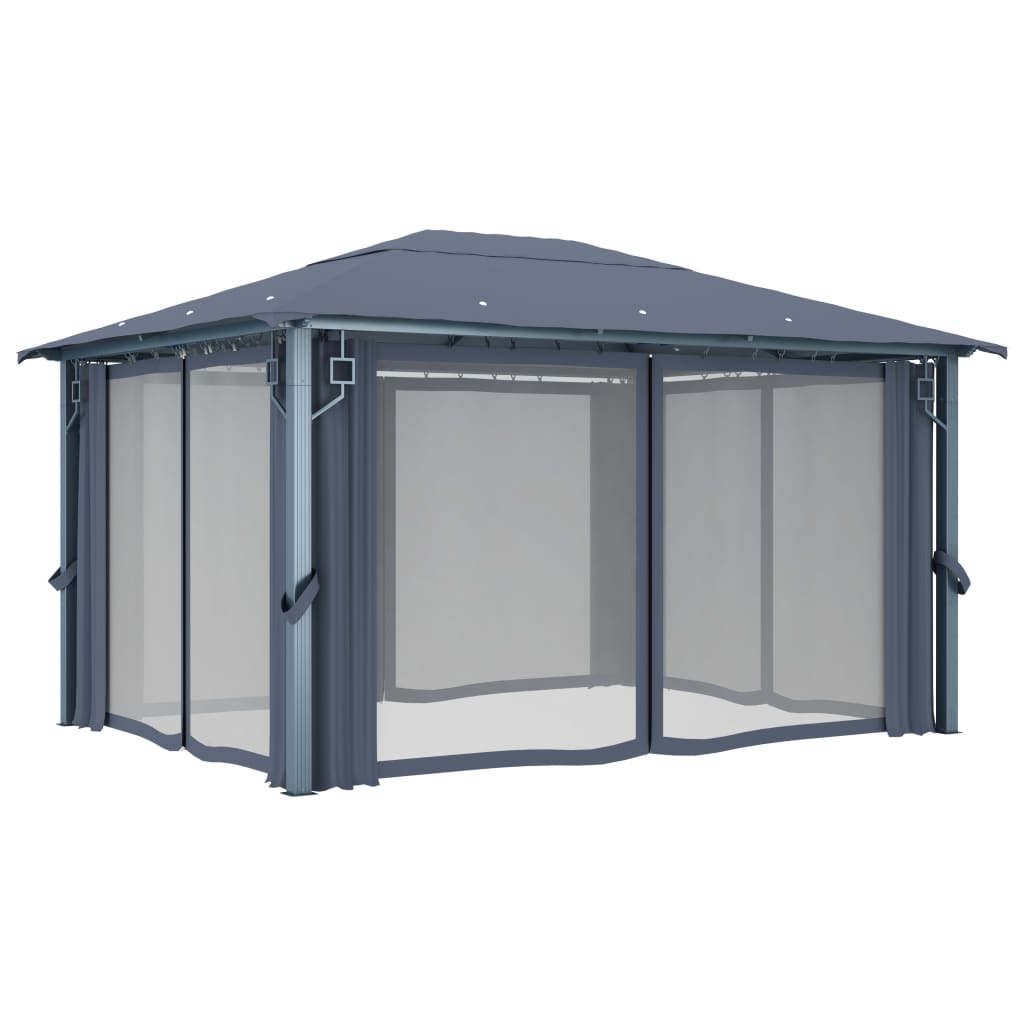 Gazebo con Tende e Luci LED 400x300 cm Antracite in Alluminio | homemem39