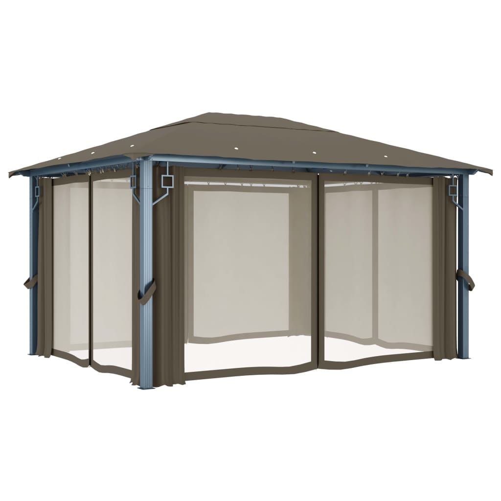 Gazebo con Tende e Luci LED 400x300 cm Grigio Talpa Alluminio | homemem39