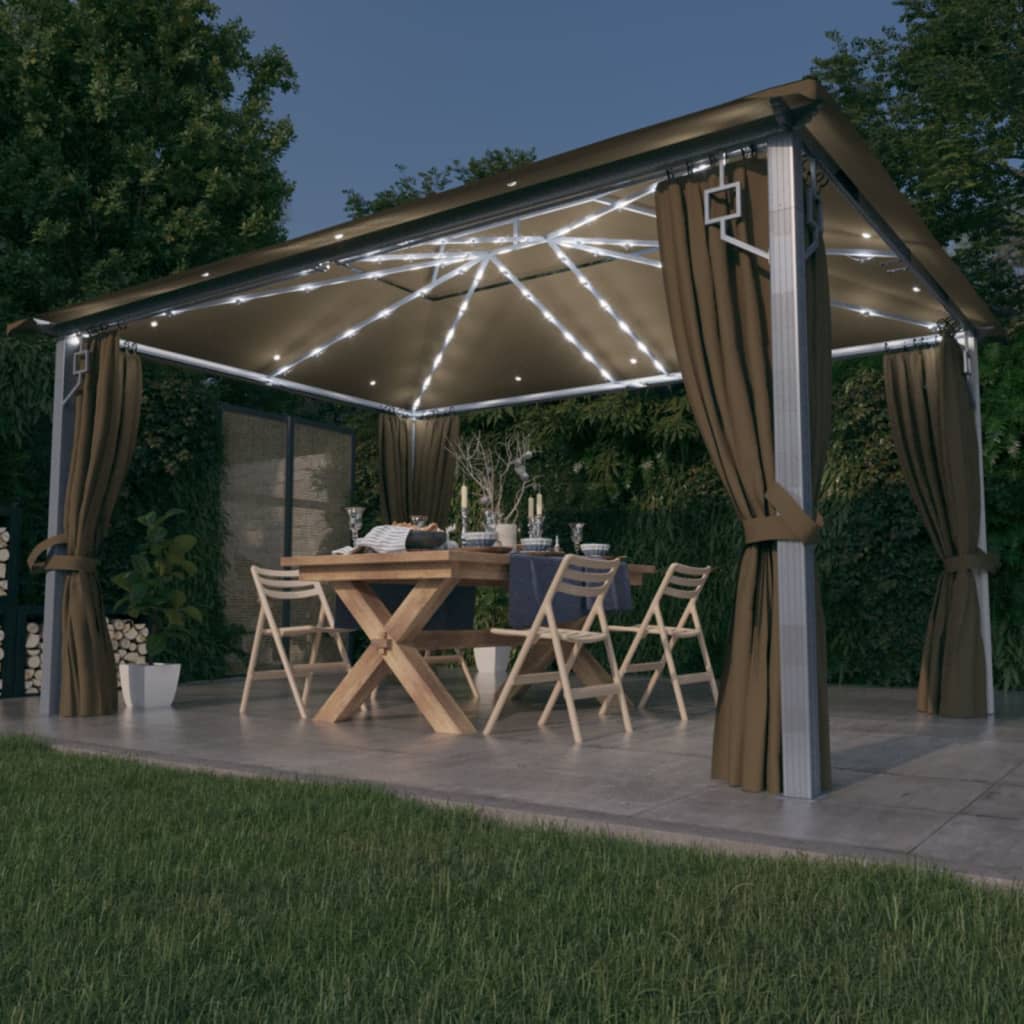 Gazebo con Tende e Luci LED 400x300 cm Grigio Talpa Alluminio | homemem39