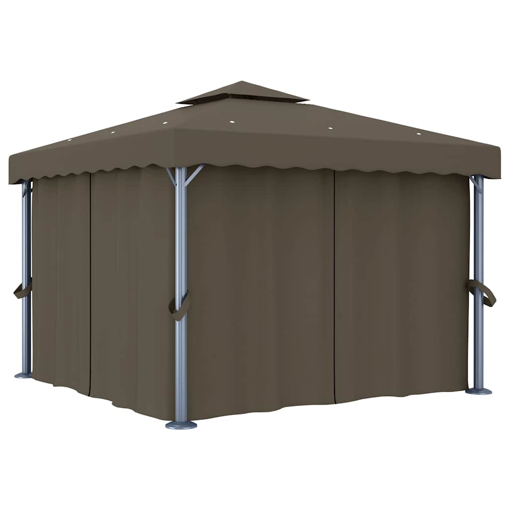 Gazebo con Tende e Stringa di Luci LED 3x3 m Grigio Talpa