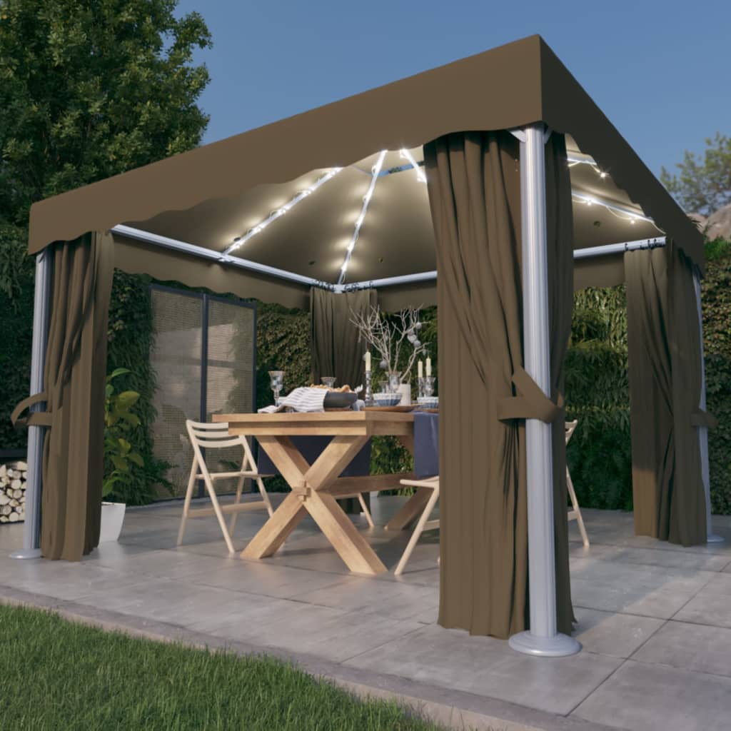 Gazebo con Tende e Stringa di Luci LED 3x3 m Grigio Talpa | homemem39