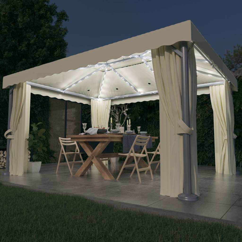 Gazebo con Tende e Stringa di Luci LED 4x3 m Bianco Crema | homemem39