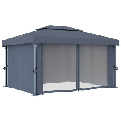 Gazebo con Tende e Stringa di Luci LED 4x3 m Antracite