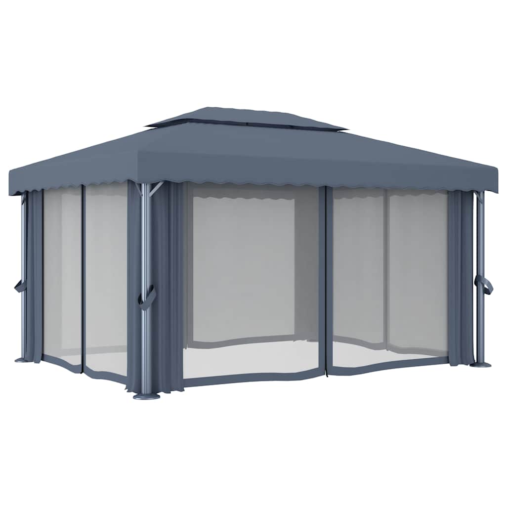 Gazebo con Tende e Stringa di Luci LED 4x3 m Antracite