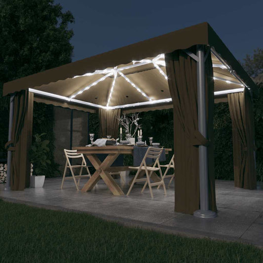 Gazebo con Tende e Stringa di Luci LED 4x3 m Grigio Talpa | homemem39