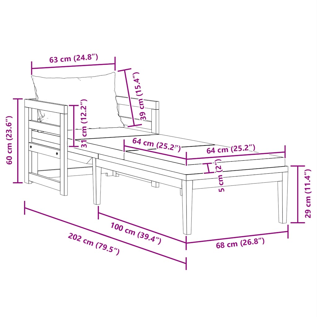 Lettino Prendisole con Cuscini Grigio Scuro in Massello Acacia - homemem39