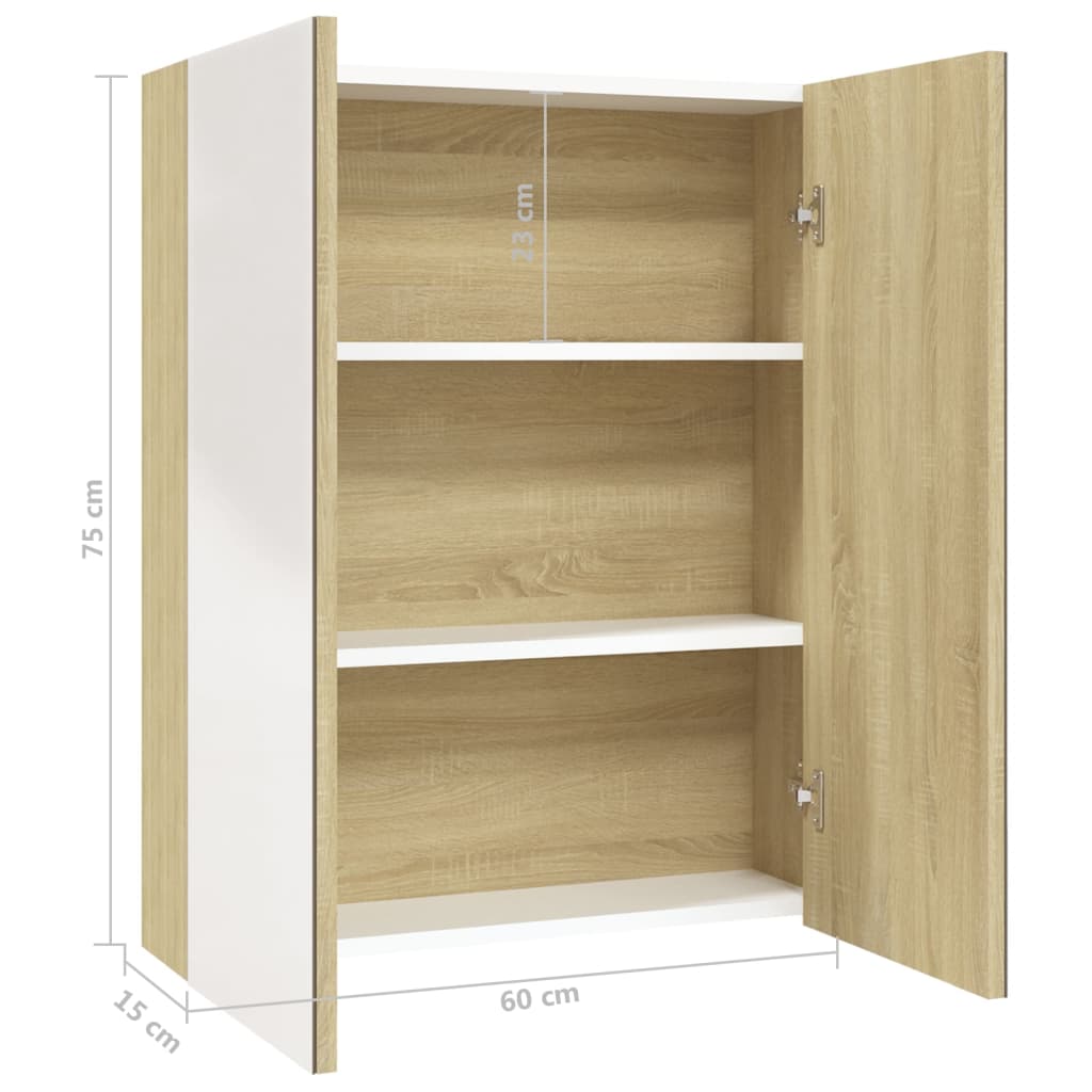 Armadietto a Specchio per Bagno 60x15x75 cm MDF Bianco e Rovere | homemem39