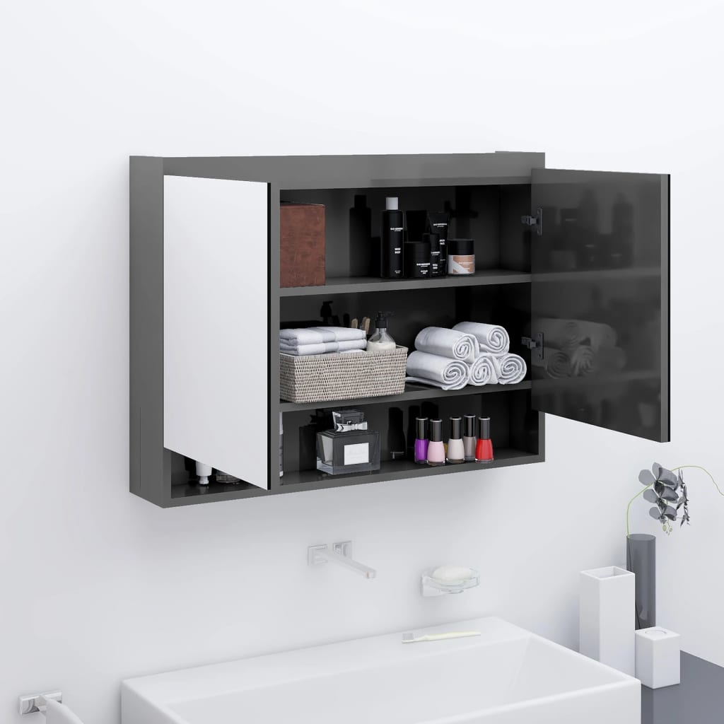 Armadietto Bagno con Specchio 80x15x60 cm in MDF Grigio Lucido | homemem39