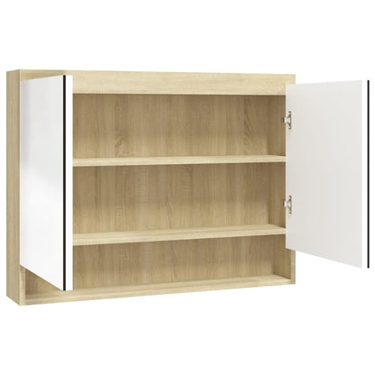 Armadietto Bagno con Specchio 80x15x60cm in MDF Bianco e Rovere