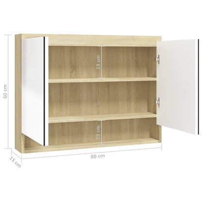 Armadietto Bagno con Specchio 80x15x60cm in MDF Bianco e Rovere | homemem39