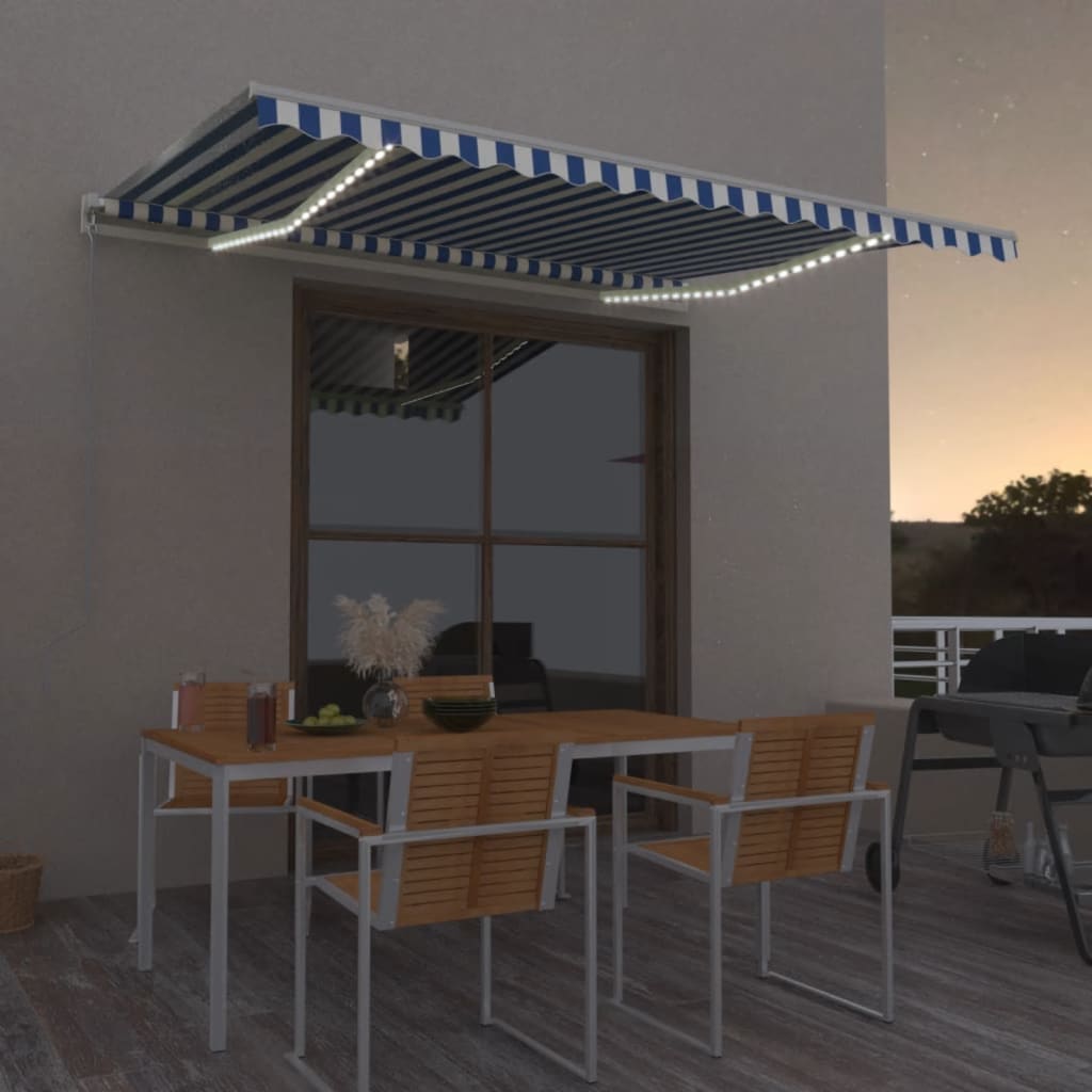 Tenda da Sole Retrattile Manuale con LED 450x350 cm Blu Bianca - homemem39