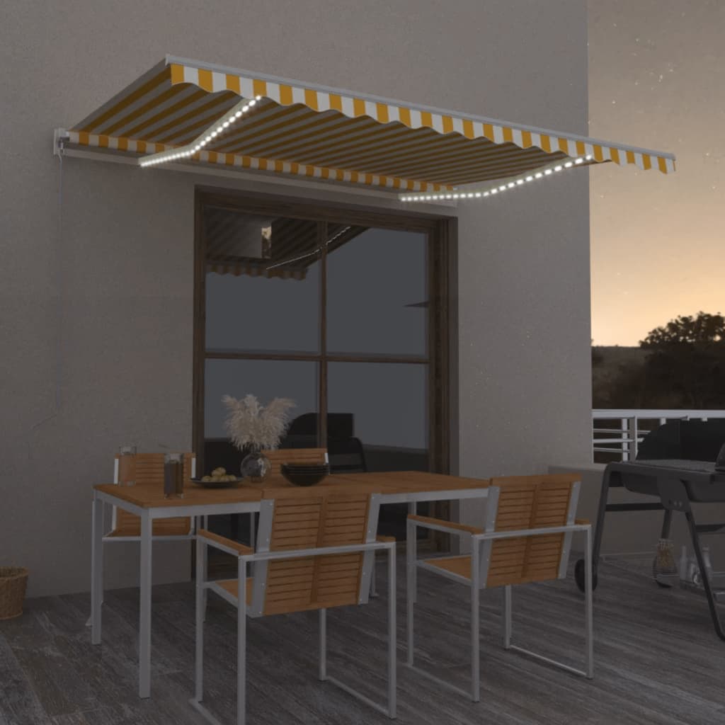 Tenda da Sole Retrattile Manuale LED 450x350 cm Giallo Bianco