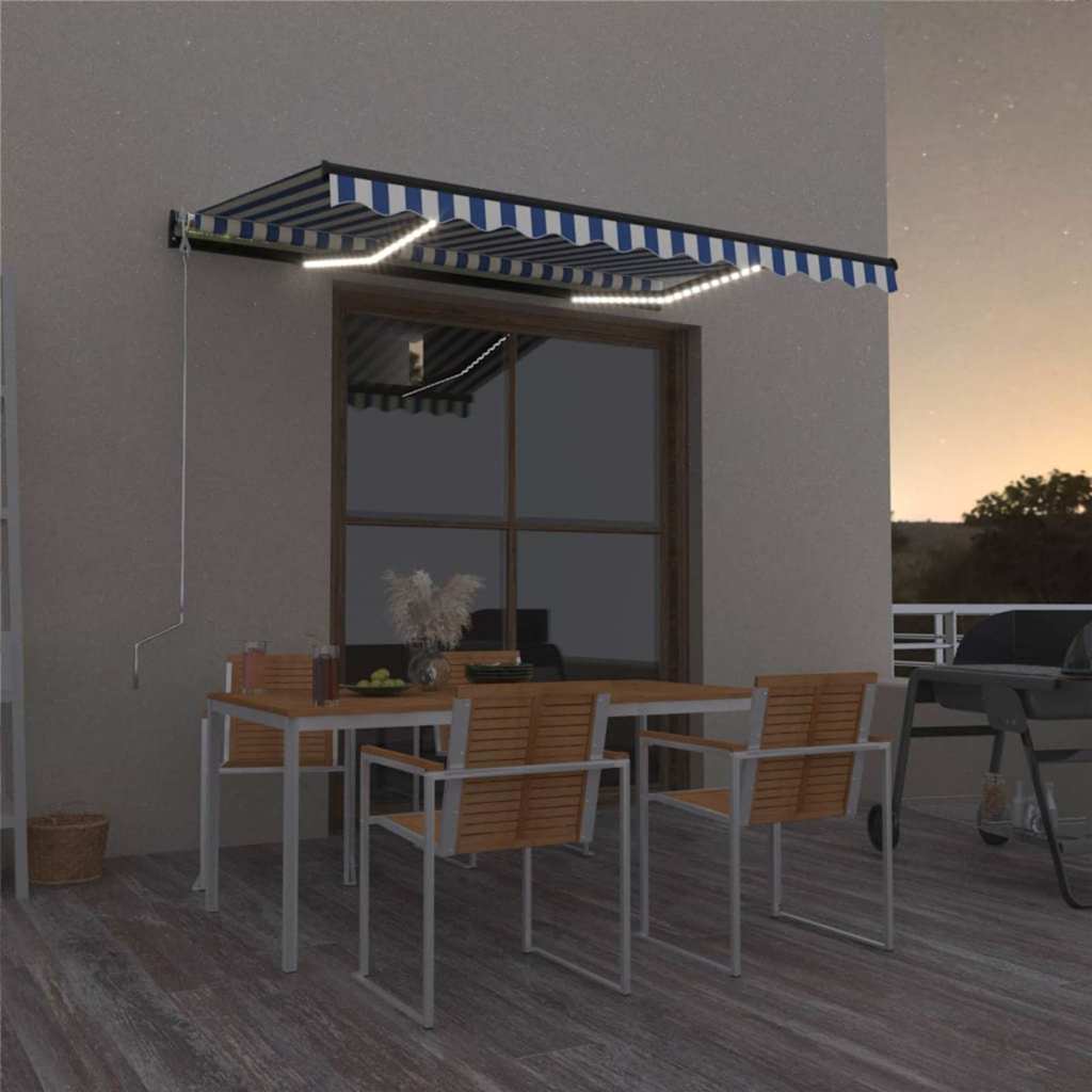 Tenda da Sole Retrattile Manuale con LED Blu e Bianca