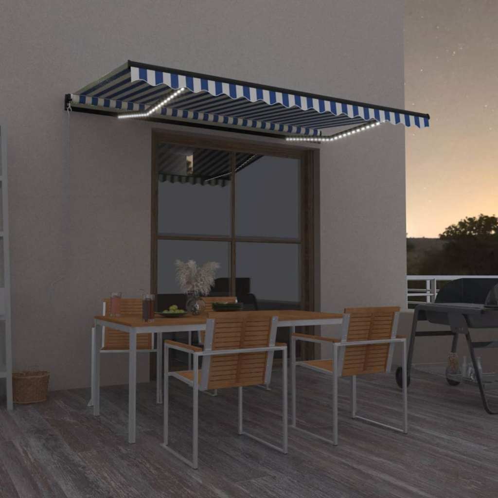 Tenda da Sole Retrattile Manuale con LED Blu e Bianca