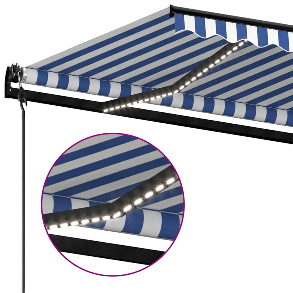 Tenda Automatica con Sensore Vento e LED 450x300 cm Blu Bianca - homemem39