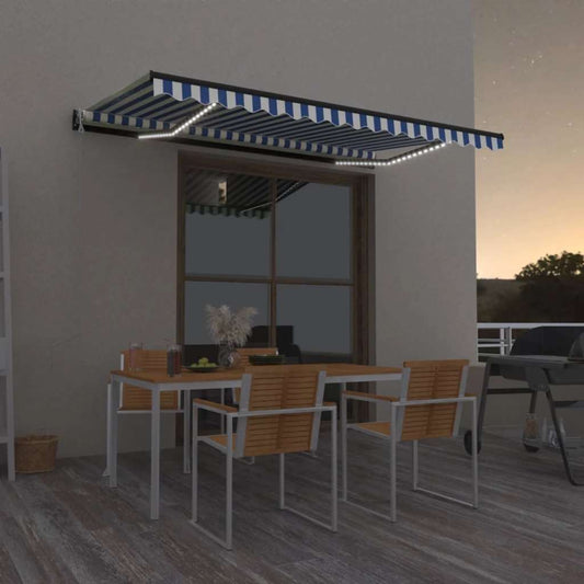 Tenda Automatica con Sensore Vento e LED 450x300 cm Blu Bianca - homemem39