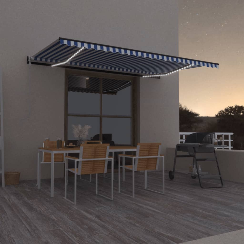 Tenda Automatica con Sensore Vento e LED 500x300 cm Blu Bianca - homemem39