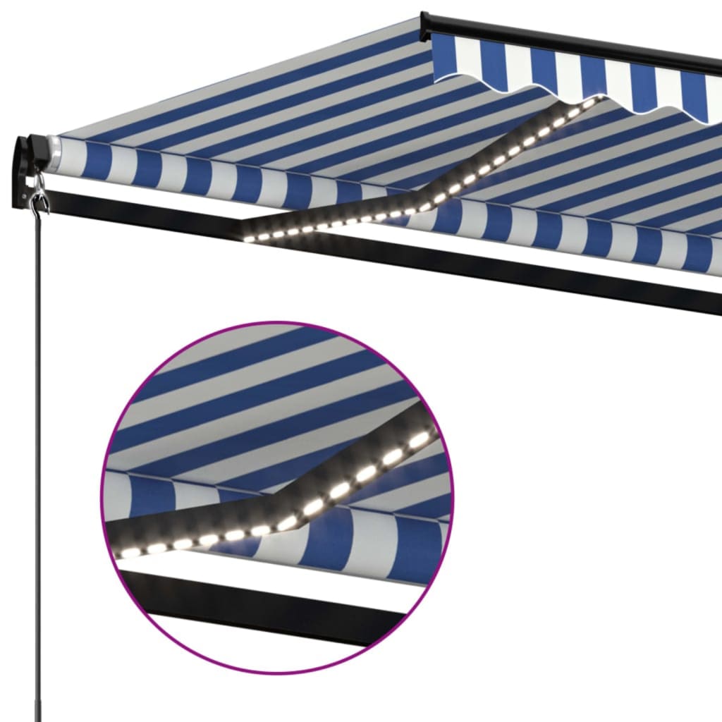 Tenda da Sole Retrattile Manuale con LED 600x350 cm Blu Bianco | homemem39