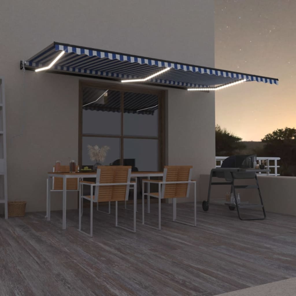Tenda Automatica con Sensore Vento e LED 600x350 cm Blu Bianca | homemem39
