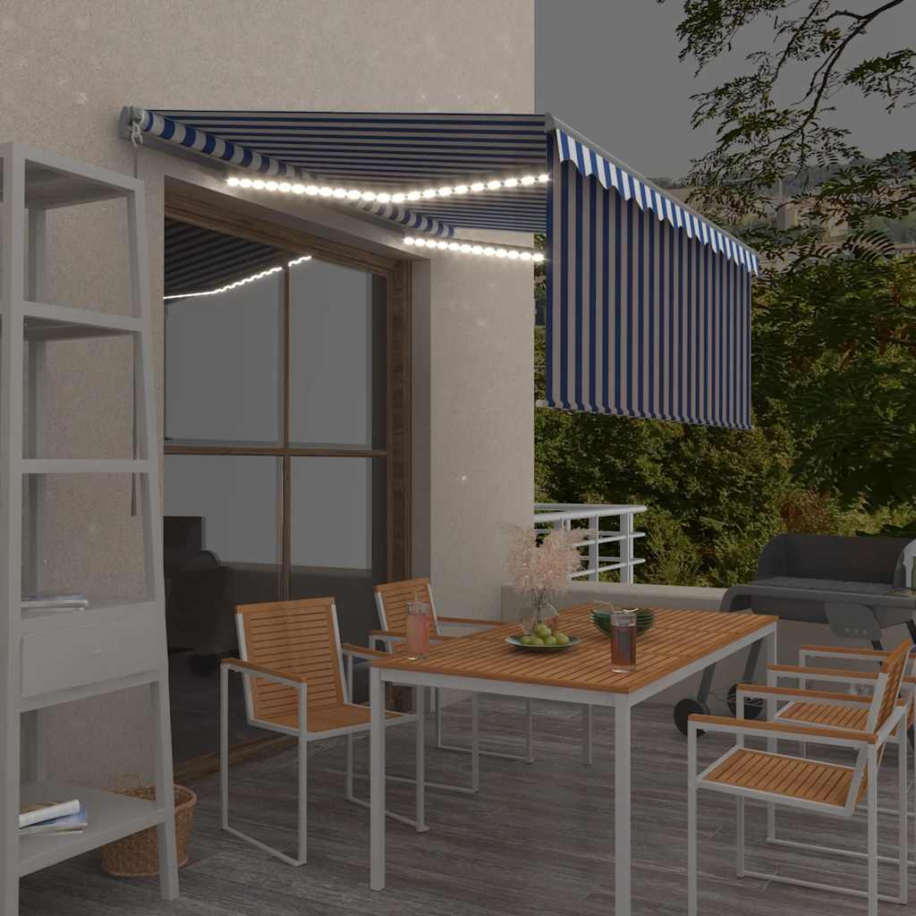 Tenda Sole Retrattile Manuale con LED 3x2,5m Blu e Bianco - homemem39