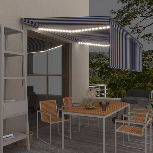 Tenda Sole Retrattile Manuale con LED 4x3m Blu e Bianco - homemem39