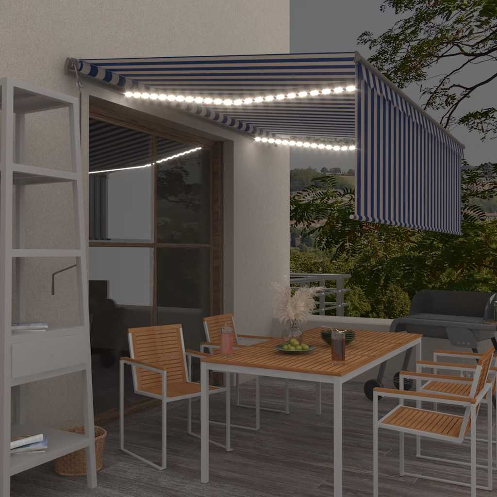 Tenda Automatica Parasole Sensore Vento LED 4x3m Blu Bianca - homemem39