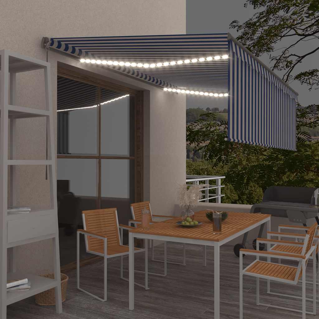 Tenda Sole Retrattile Manuale con LED 4,5x3m Blu e Bianco - homemem39