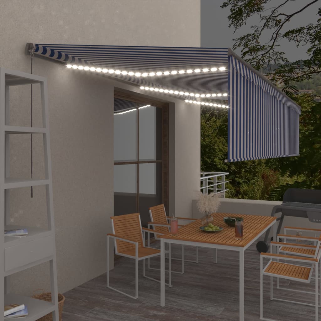 Tenda Sole Retrattile Manuale con LED 6x3m Blu e Bianc6 - homemem39