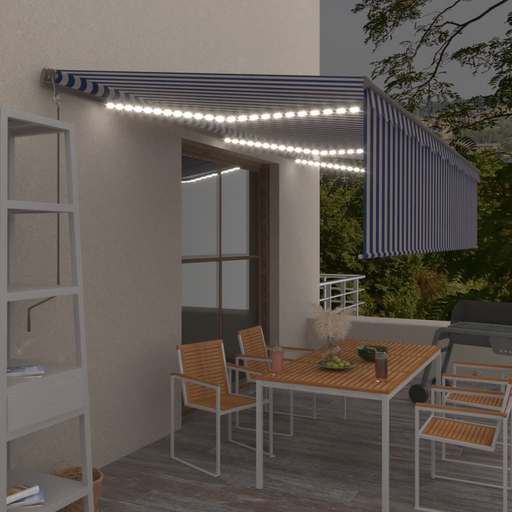 Tenda Automatica Parasole Sensore Vento LED 6x3m Blu Bianca - homemem39