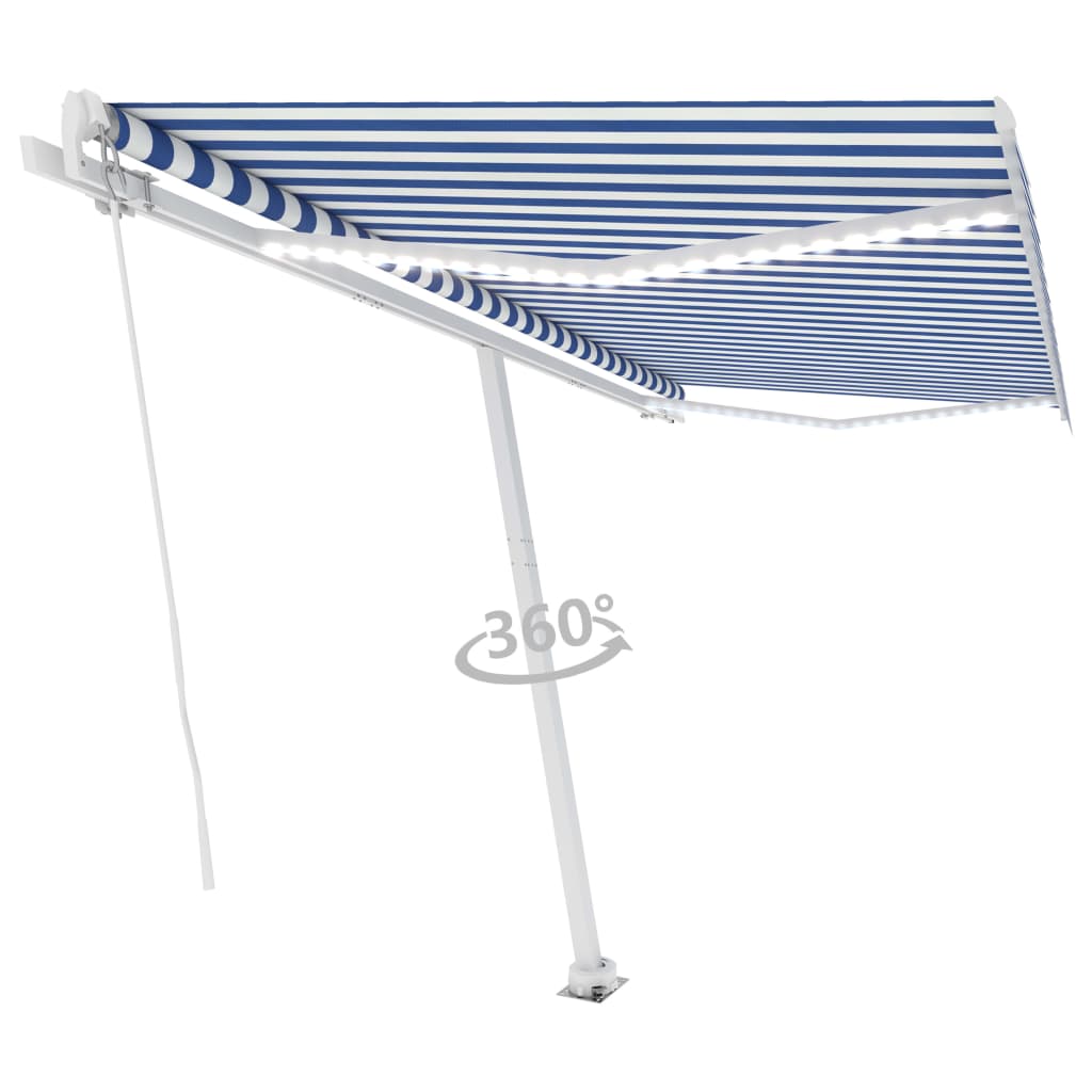 Tenda da Sole Retrattile Manuale con LED 450x300cm Blu e Bianca