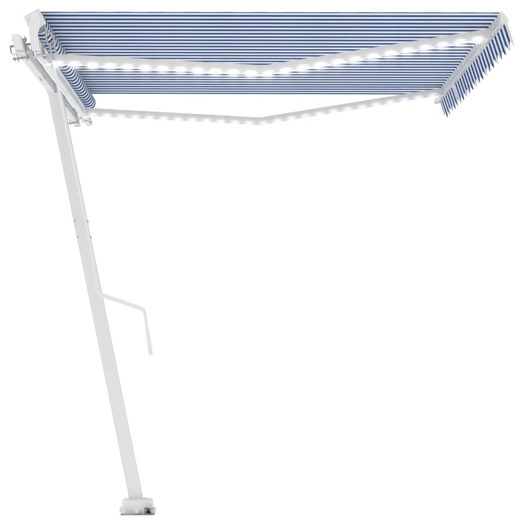 Tenda da Sole Retrattile Manuale con LED 450x300cm Blu e Bianca