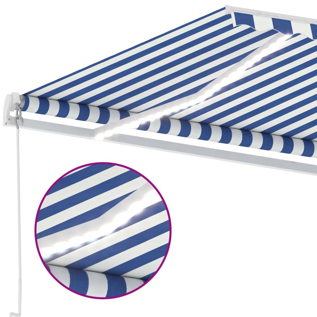 Tenda da Sole Retrattile Manuale con LED 450x300cm Blu e Bianca