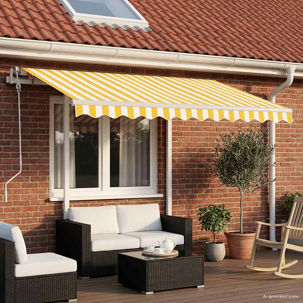 Tenda da Sole Retrattile Manuale e Pali 3x2,5 m Gialla e Bianca | homemem39