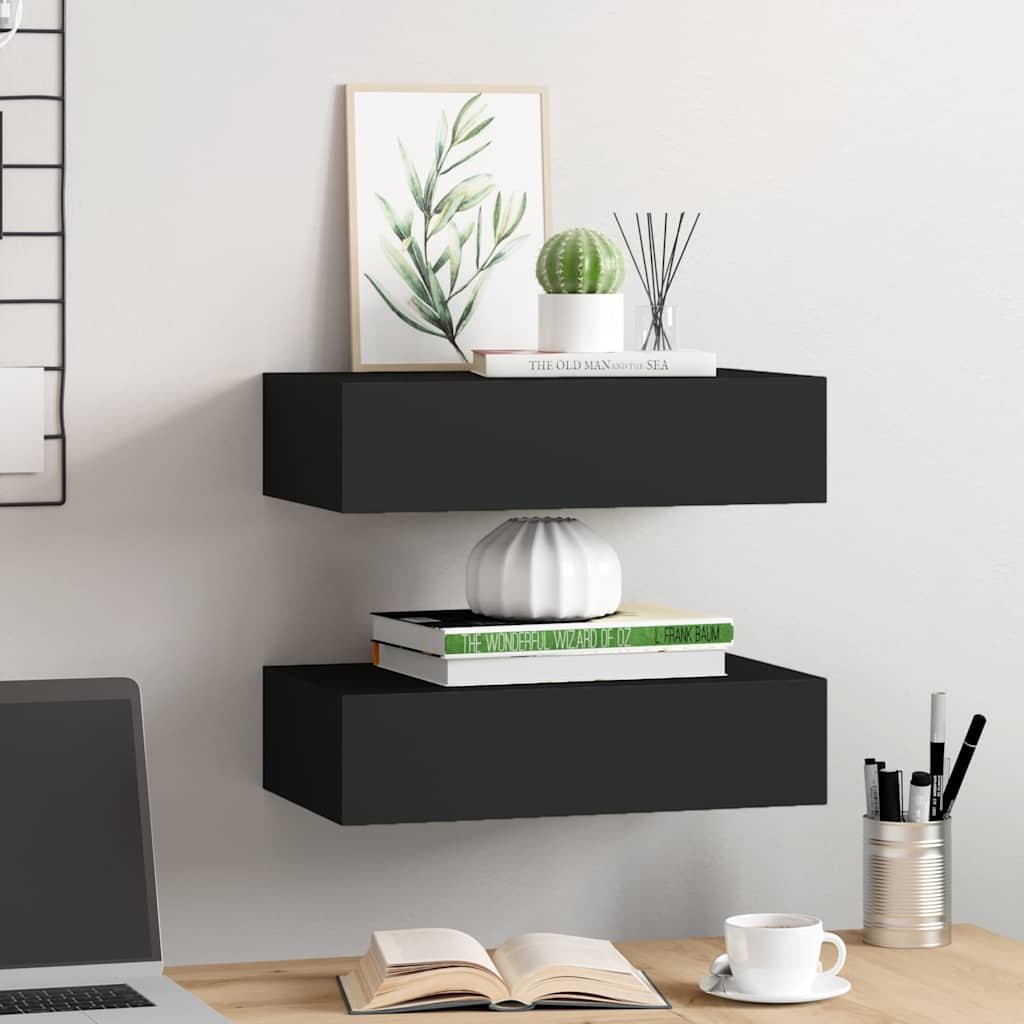 Scaffali con Cassetti da Parete 2 pz Neri MDF