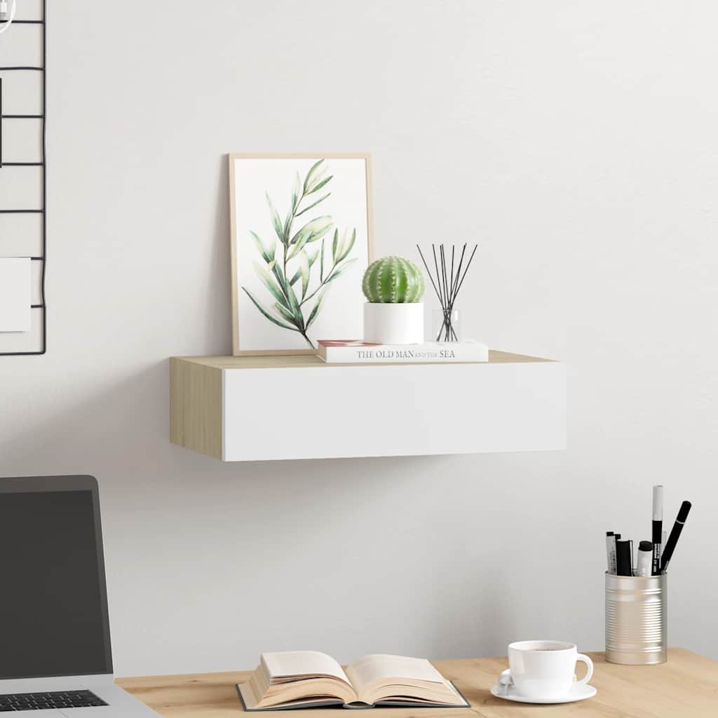 Mensola a muro con cassetti in rovere e bianco 40x23,5x10 cm MDF | homemem39
