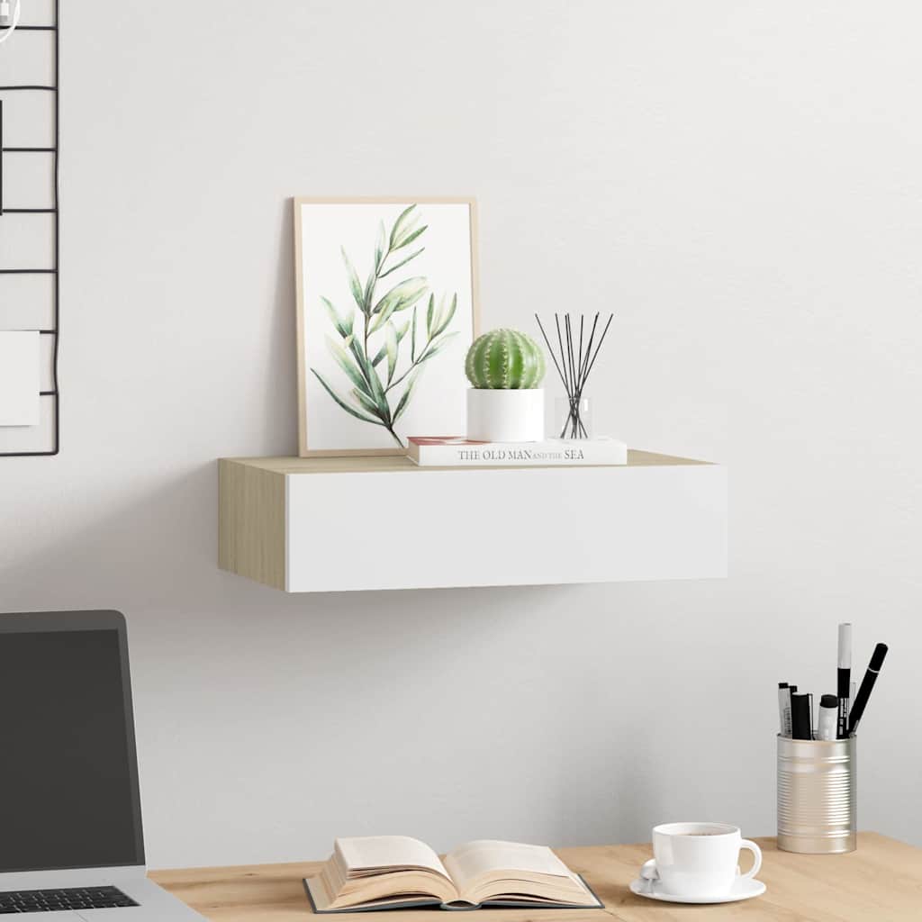 Mensola a muro con cassetti in rovere e bianco 40x23,5x10cm MDF