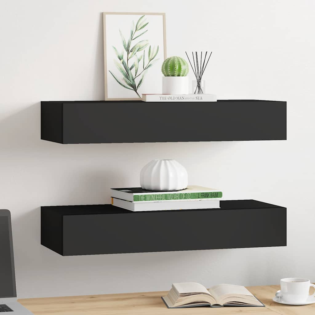 Scaffali con Cassetti da Parete 2 pz Neri 60x23,5x10 cm MDF | homemem39