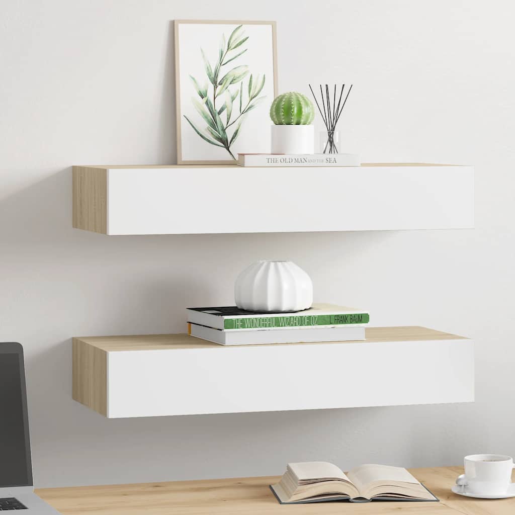 Scaffali a muro con cassetti 2 pz rovere e bianco 60x23,5x10 cm MDF | homemem39