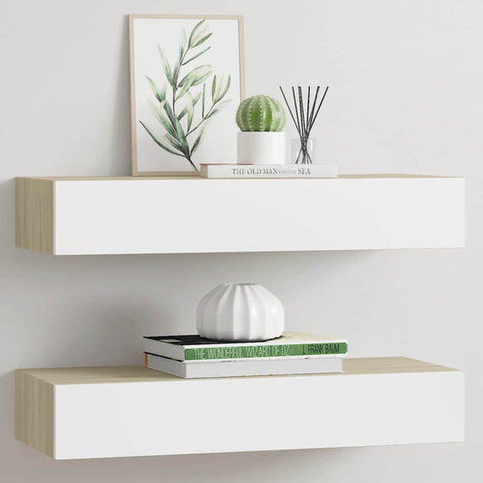 Scaffali a muro con cassetti 2 pz rovere e bianco 60x23,5x10 cm MDF